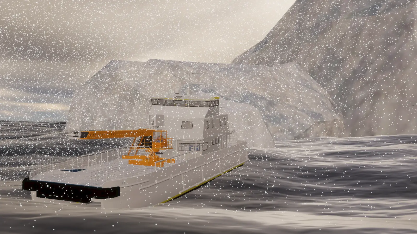 Service vessel in severe snowy sea conditions