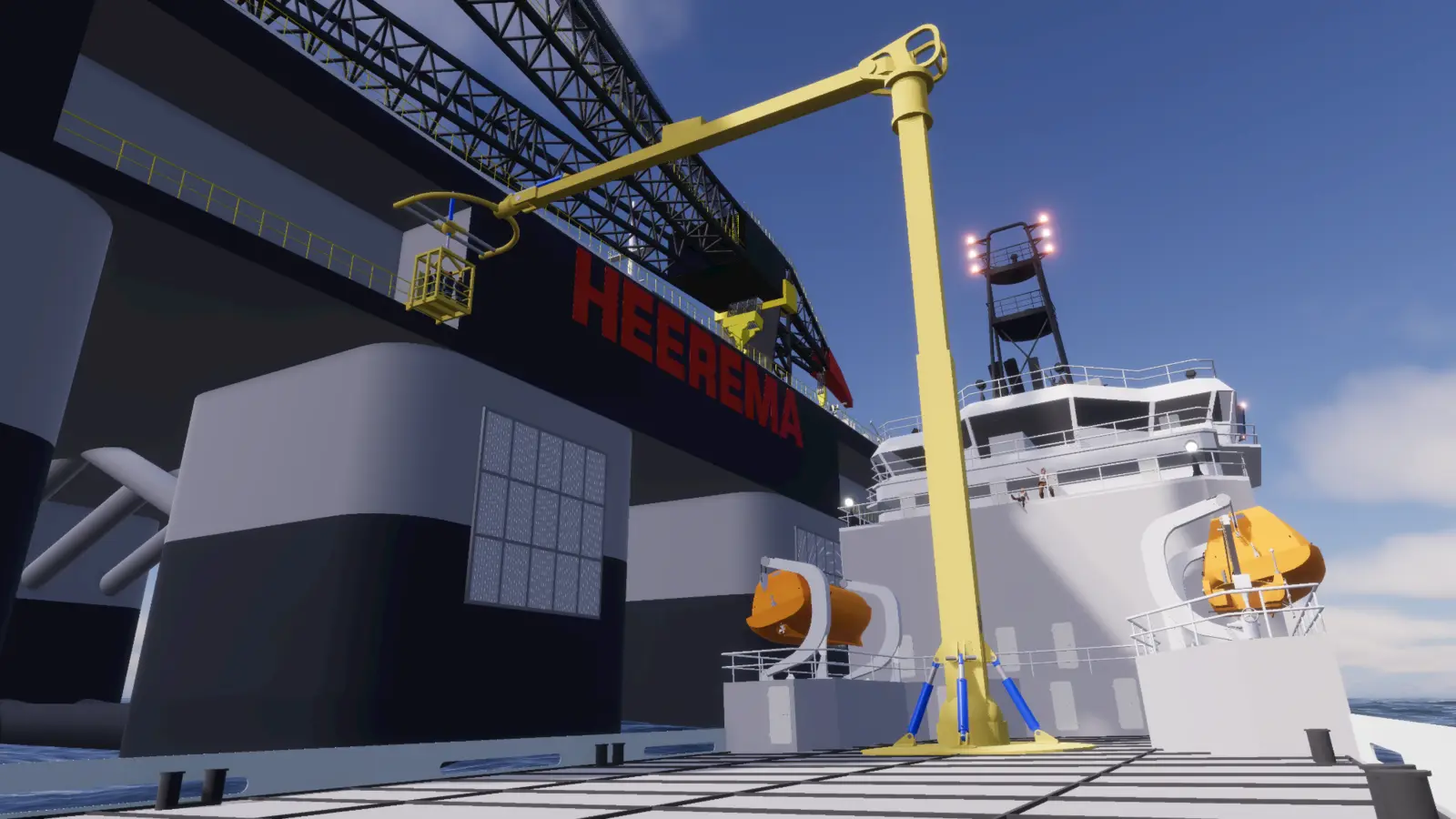 Service vessel testing an articulated access system beside a Heerema offshore vessel