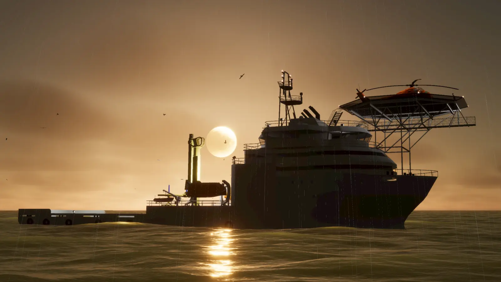 Offshore service vessel with helicopter deck operating in rain at sunset
