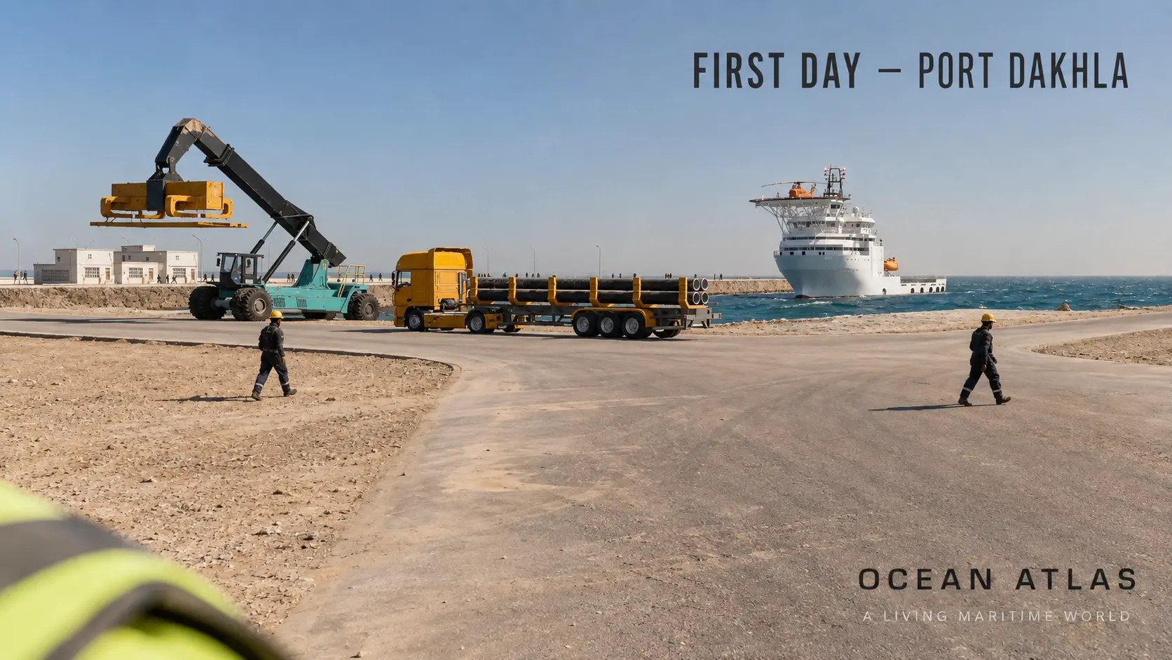 Photorealistic concept visualisation of cargo handling and vessel operations at Port Dakhla