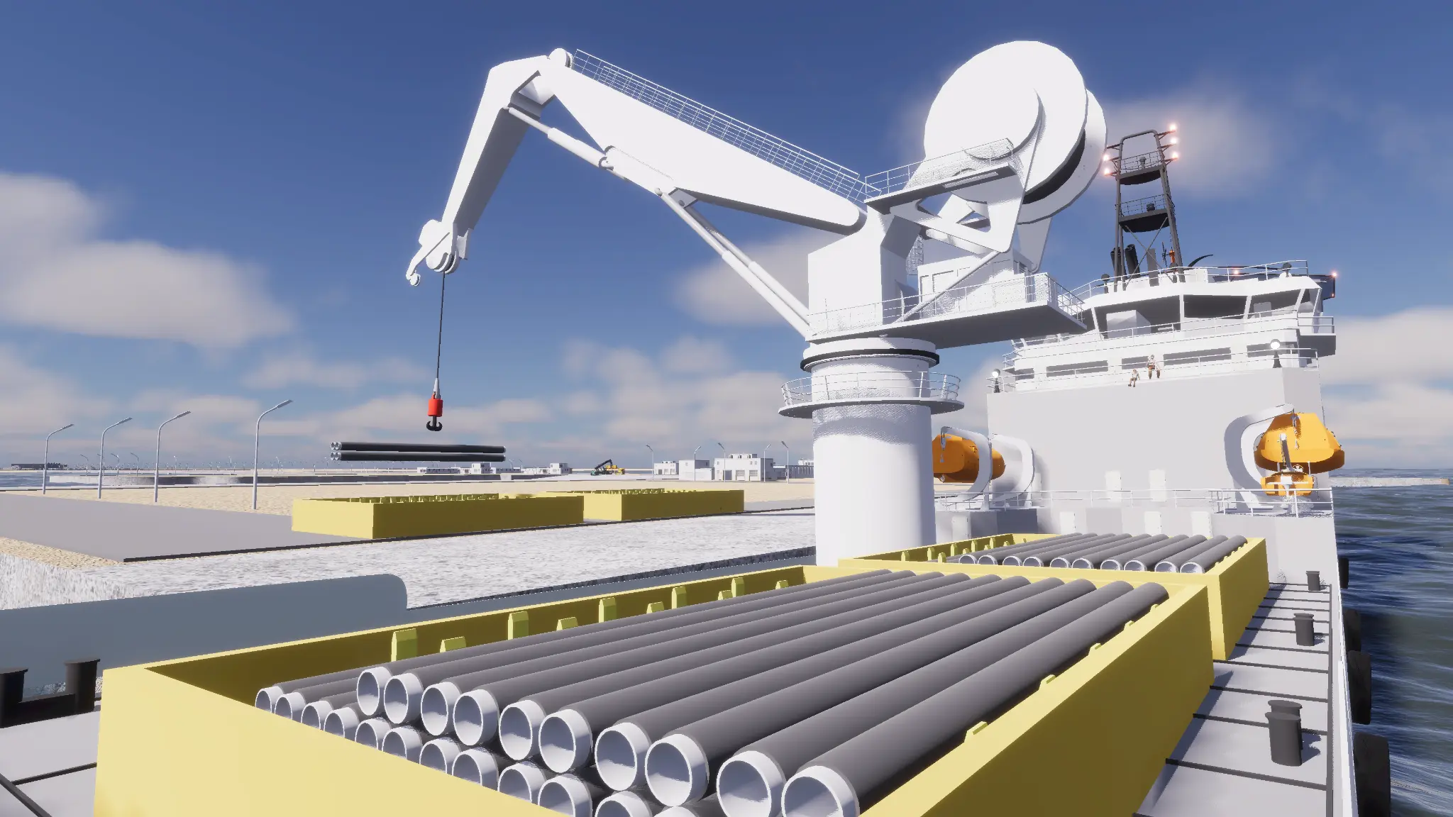 Pipe cargo arranged in deck stillages beneath the vessel crane