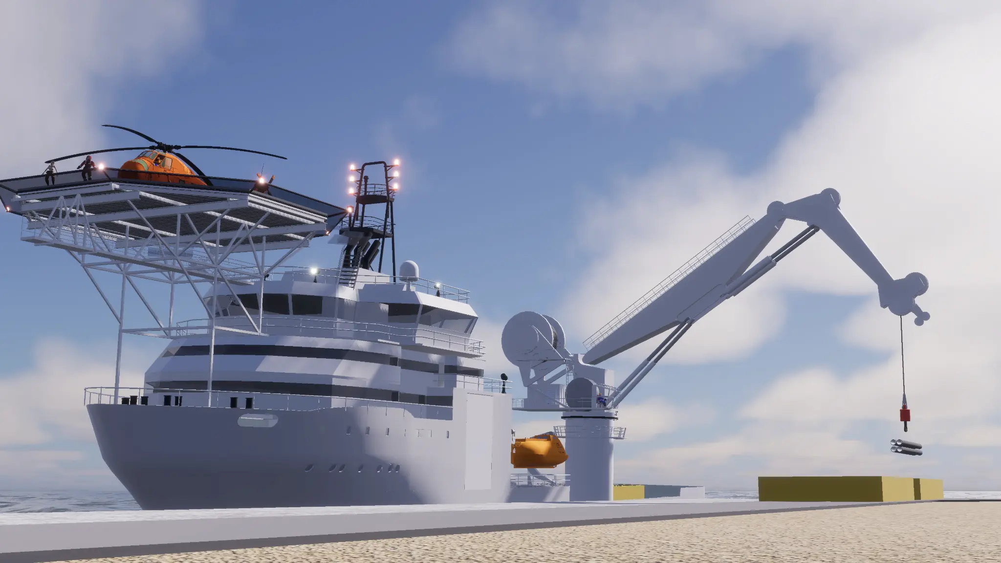 Low quayside view of a support vessel lifting pipes