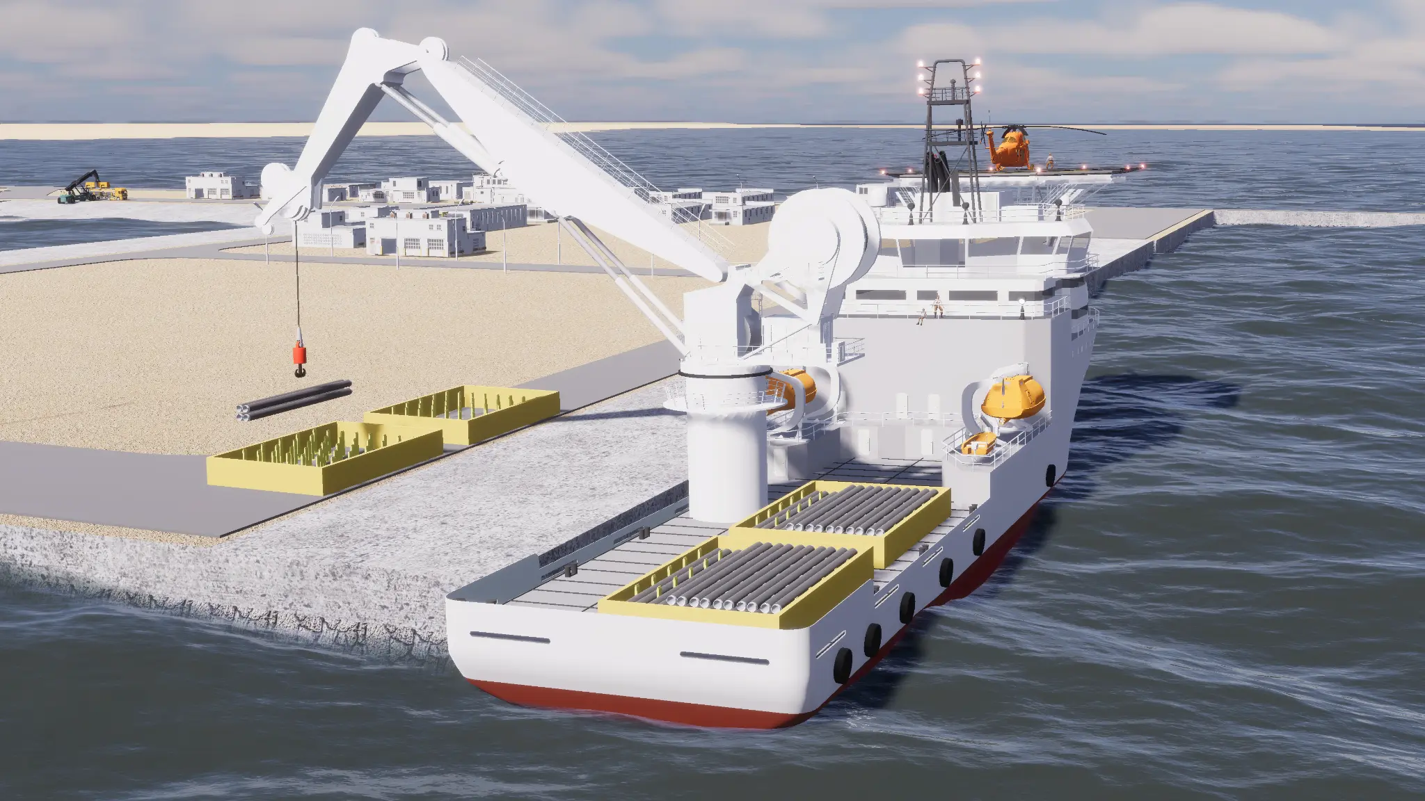 Stern view of a support vessel berthed beside the port